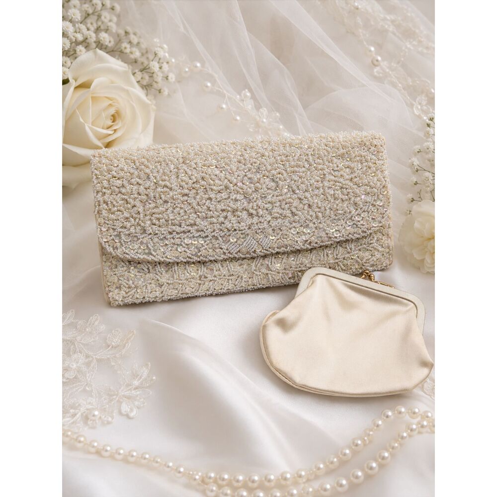 La Regale 60s Beaded Ivory Sequin Clutch Coin Purse Old Hollywood Wedding Guest